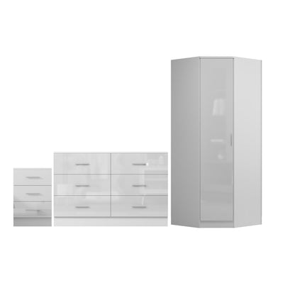 REFLECT - 1 Door Corner + 6 Drawer Chest + 3 Drawer Bedside in Gloss White / Matt White