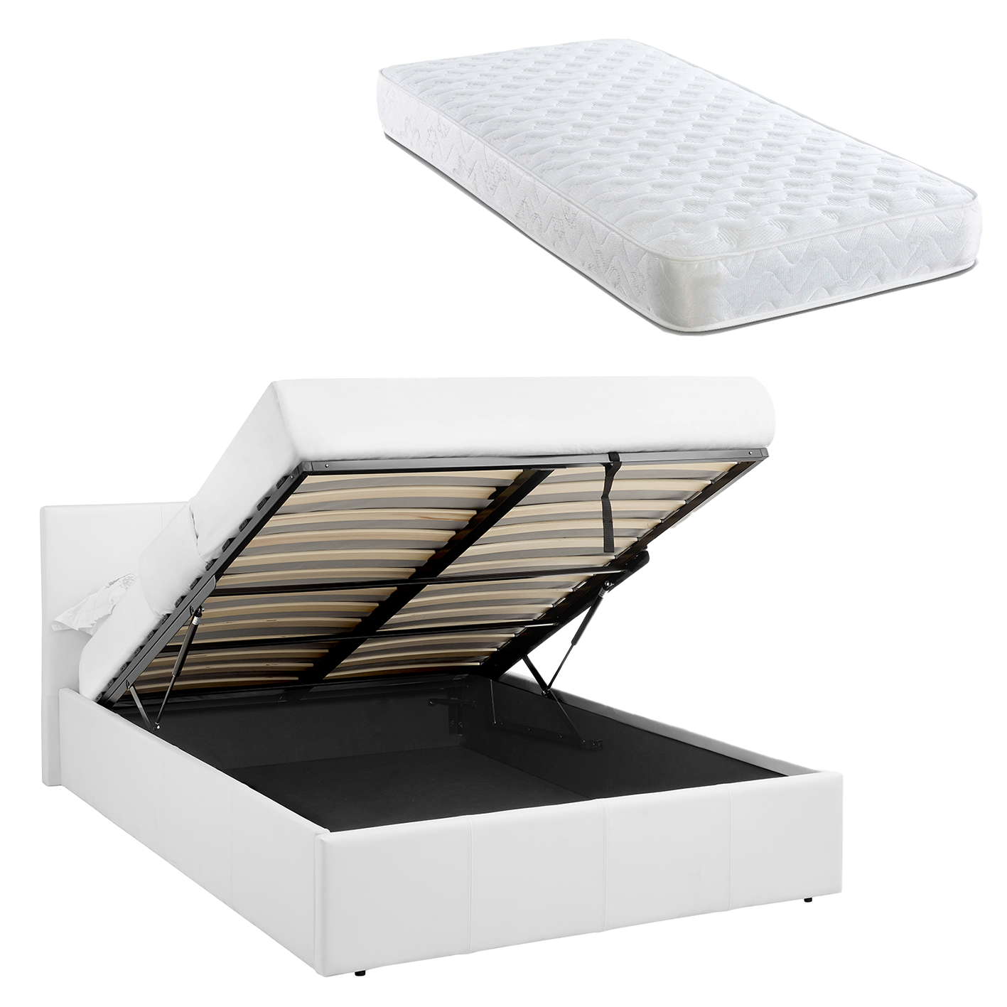 LUNA 4FT Small Double White Ottoman Storage Bed Gas Lift & 17cm Thick Spring Mattress