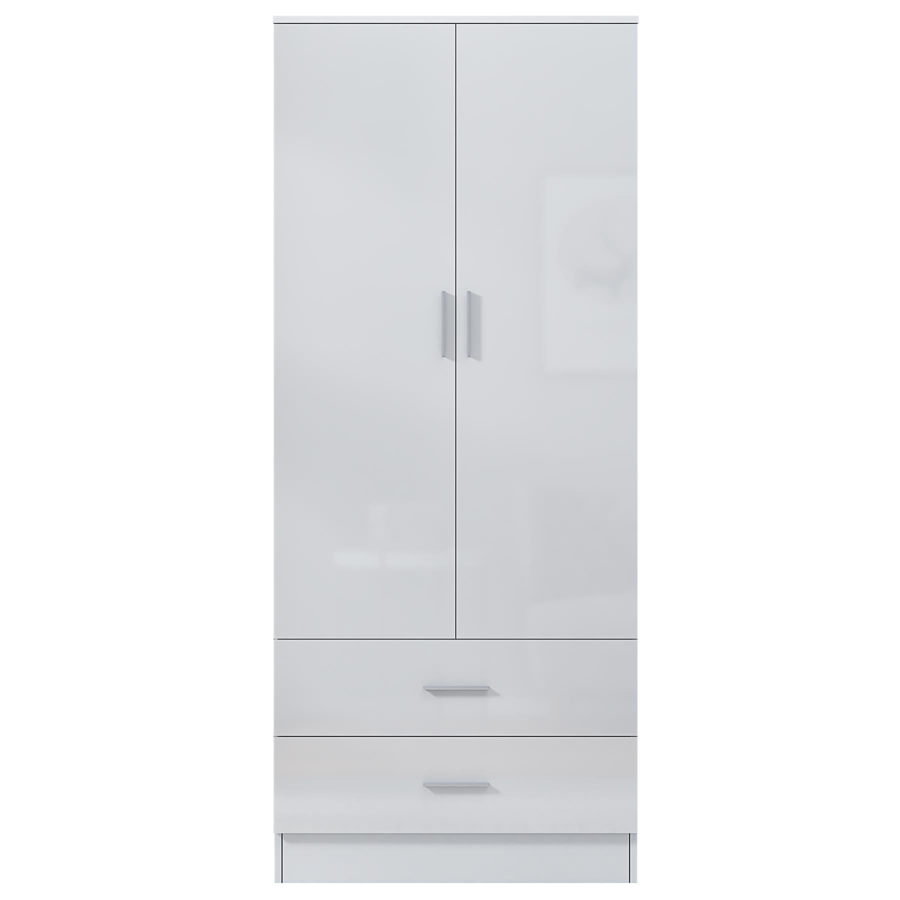 Reflect 2 Door 2 Drawer Combi Plain Wardrobe - White Gloss & Matt White - Hanging Rails, Drawers & Shelf - H: 180cm x W: 76cm