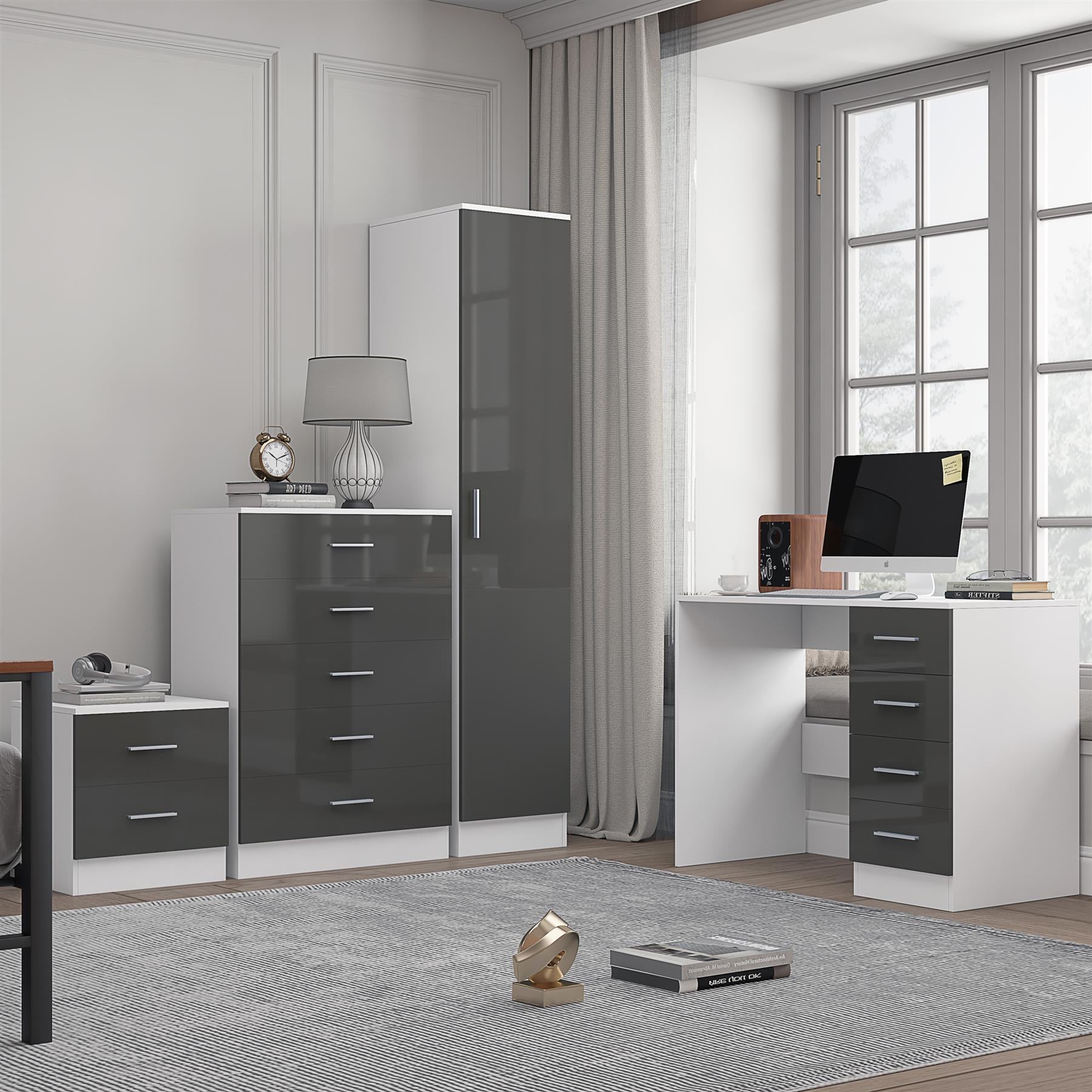 Reflect 1 Door Plain Wardrobe, 5 Drawer Chest, 2 Drawer Bedside & Desk - Grey Gloss & Matt White - Bedroom Furniture Set
