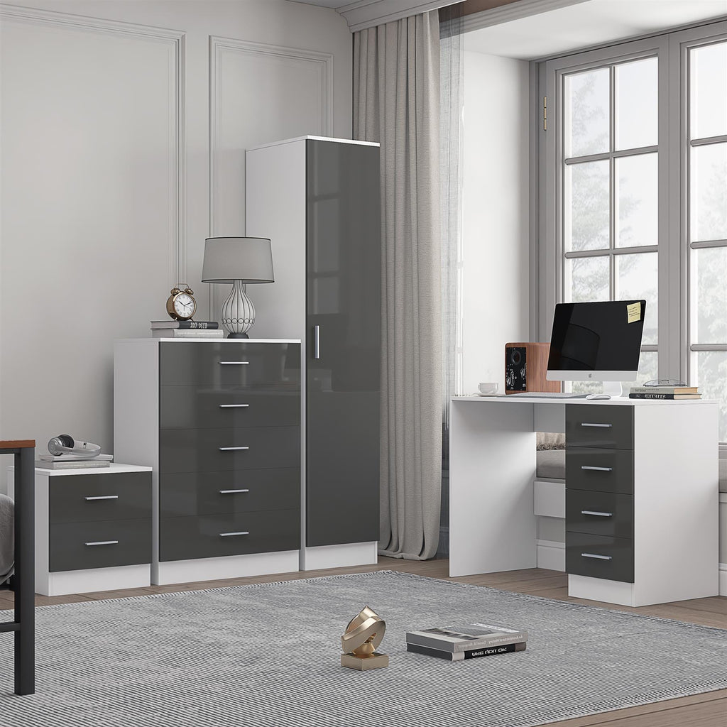 Reflect 1 Door Plain Wardrobe, 5 Drawer Chest, 2 Drawer Bedside & Desk - Grey Gloss & Matt White - Bedroom Furniture Set
