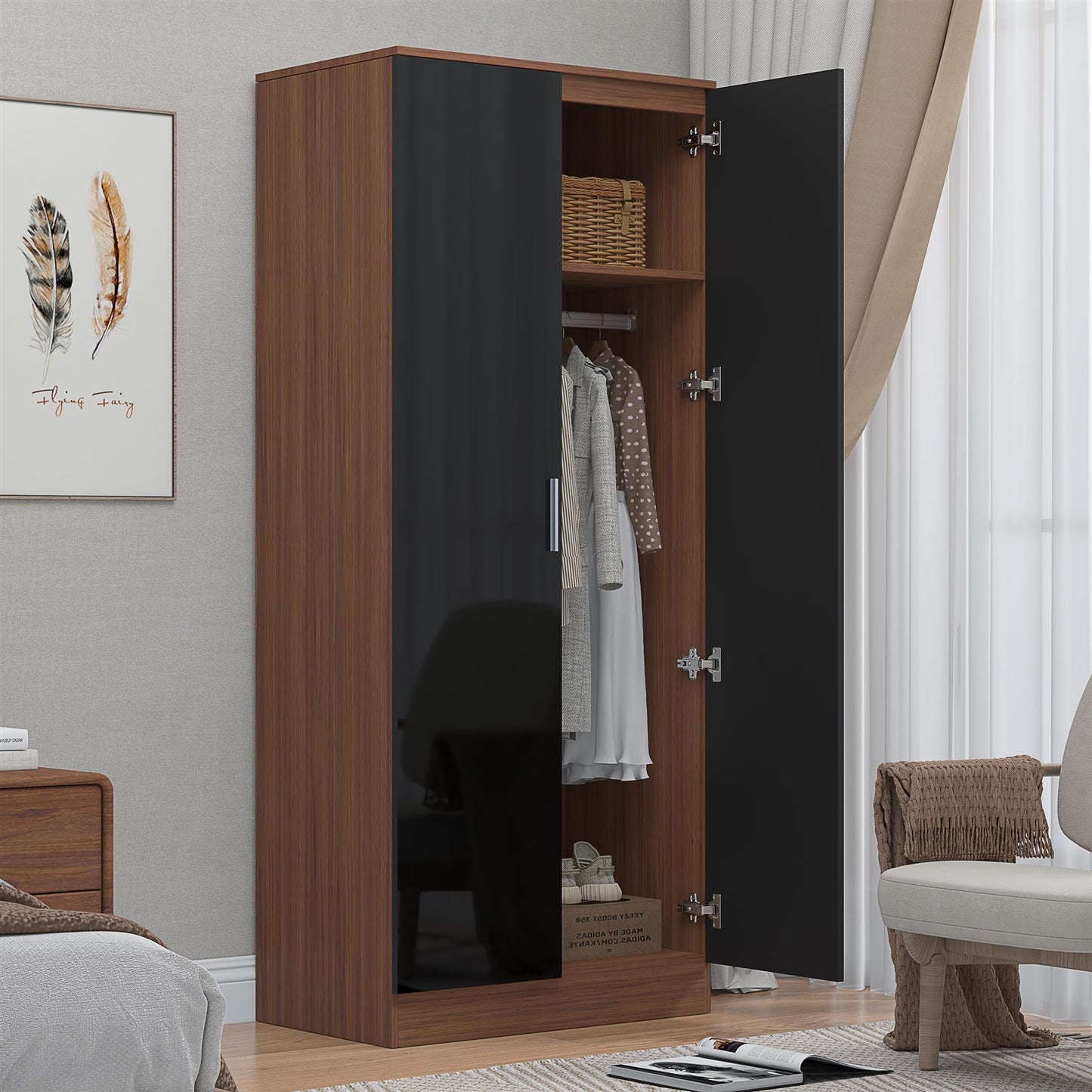 Reflect 2 Door Mirrored Wardrobe - Black Gloss & Walnut - Hanging Rails & Shelves - Modern Sleek Design