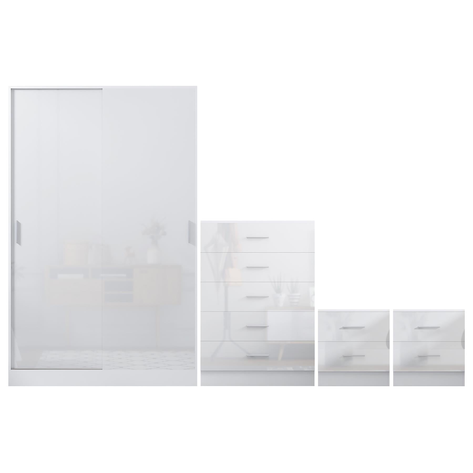 Reflect 2 Door Sliding Wardrobe, 5 Drawer Chest, 2x 2 Drawer Bedsides - White Gloss & Matt White - Modern Bedroom Furniture Set