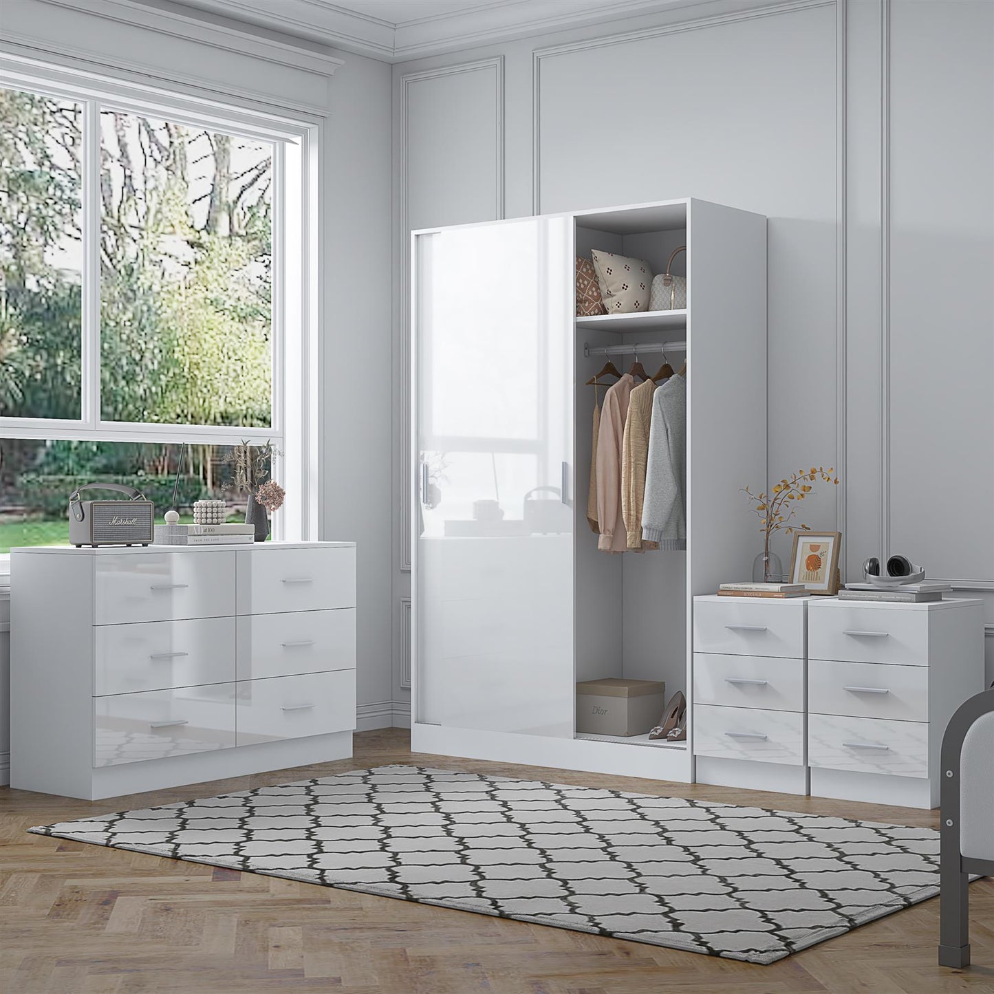 REFLECT Gloss 4pc Set - 2 Door Sliding Wardrobe + Wide Chest + 2 Tall Bedsides