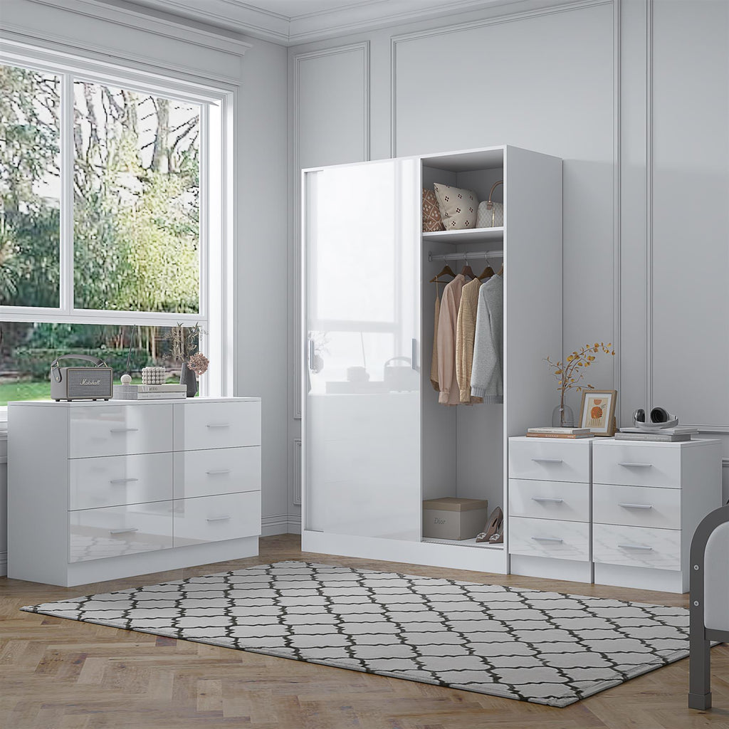 Reflect 2 Door Sliding Wardrobe, 6 Draw Wide Chest, 2x3 Drawer Bedsides - White Gloss & Matt White - Modern Bedroom Furniture Set