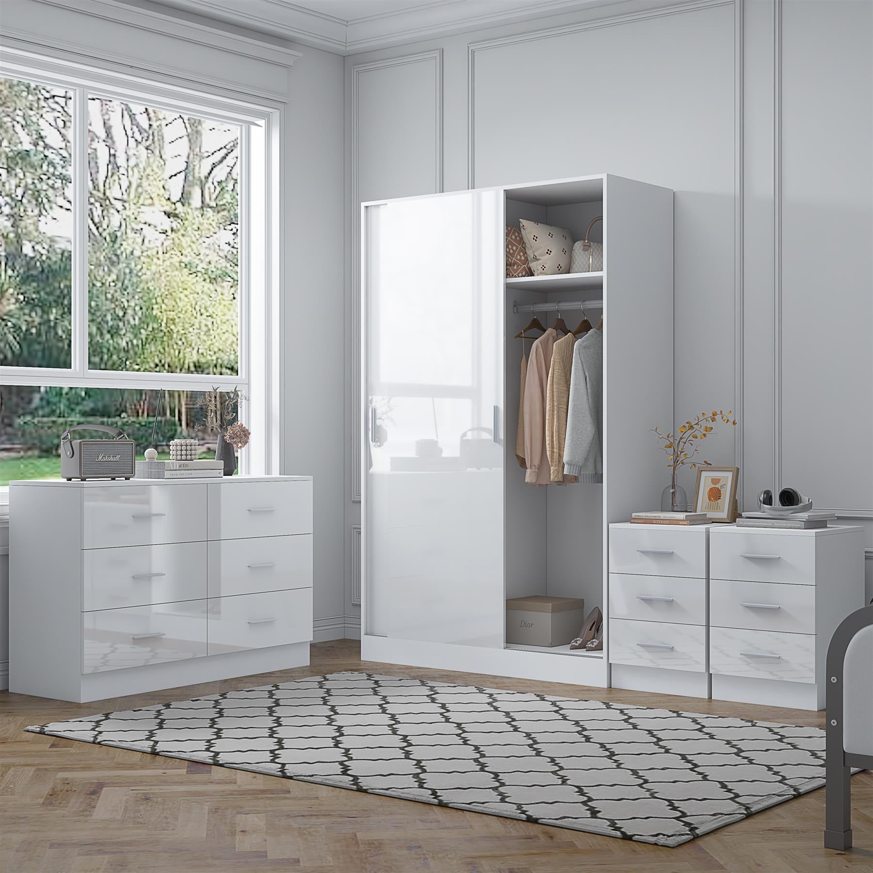 Reflect 2 Door Sliding Wardrobe, 6 Draw Wide Chest, 2x3 Drawer Bedsides - White Gloss & Matt White - Modern Bedroom Furniture Set