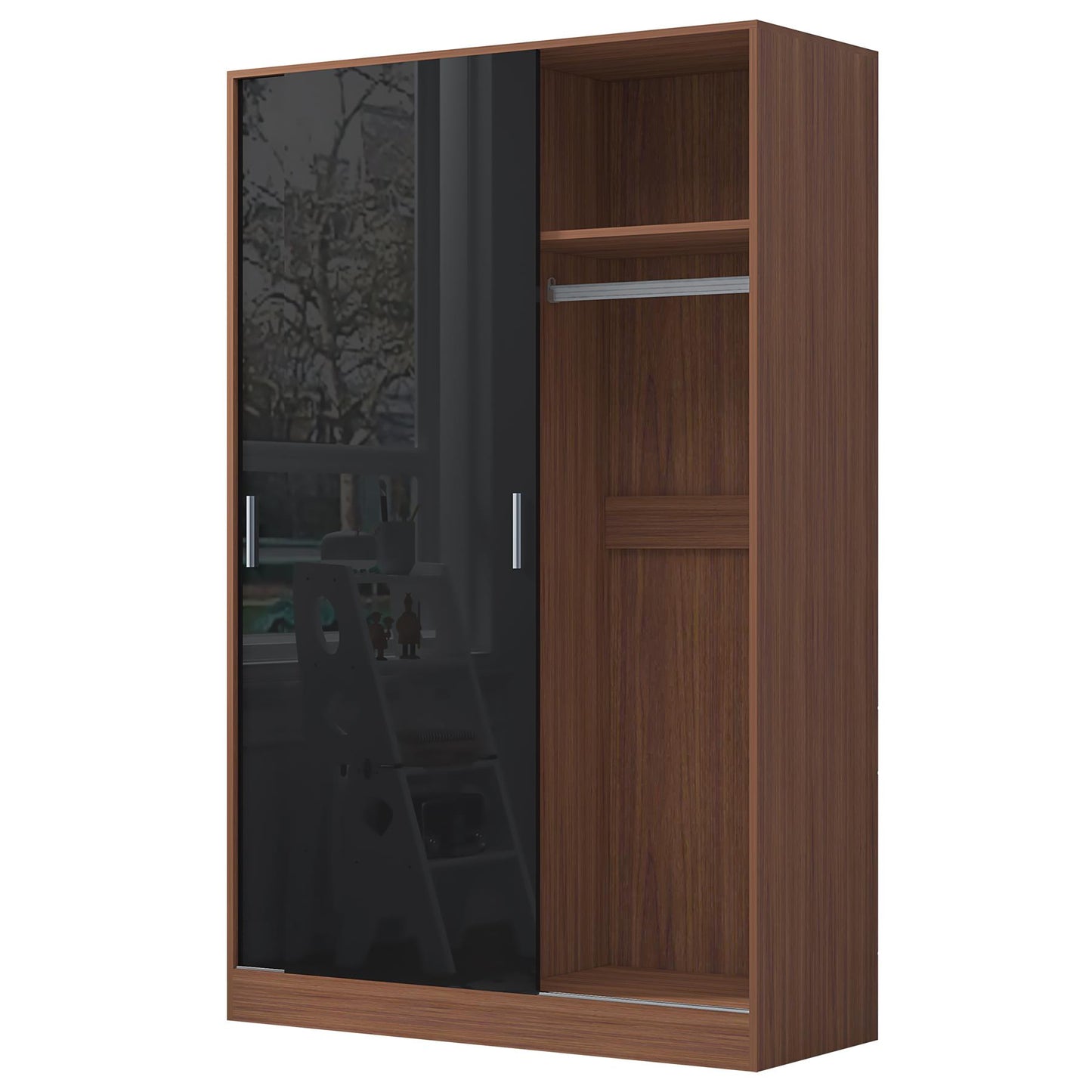 Reflect 2 Door Sliding Wardrobe - Black Gloss & Walnut - Hanging Rails & Shelves - Modern Design