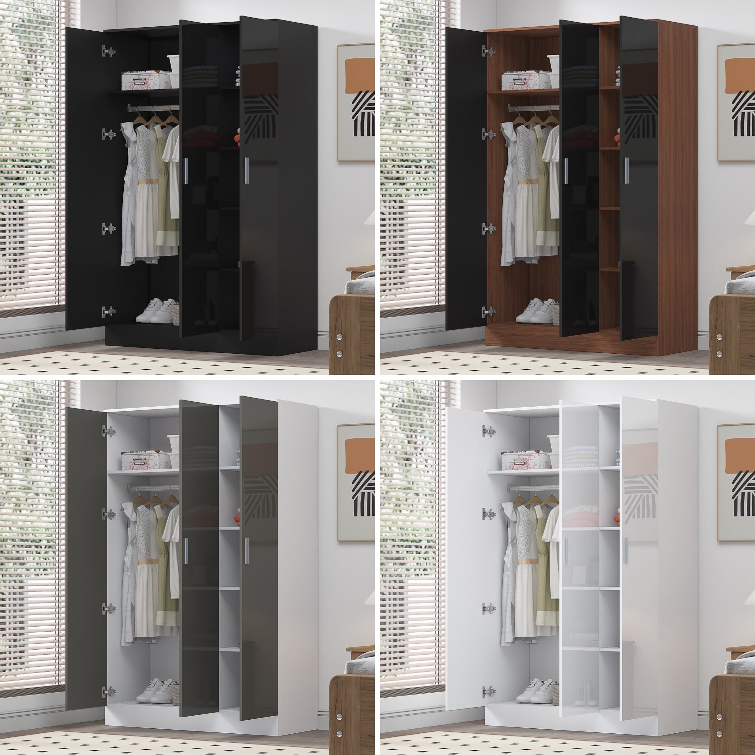 REFLECT Gloss Bedroom Furniture 3 Door Plain Wardrobe - 4 Colour Options