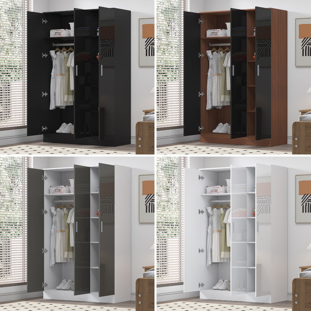REFLECT Gloss Bedroom Furniture 3 Door Plain Wardrobe - 4 Colour Options