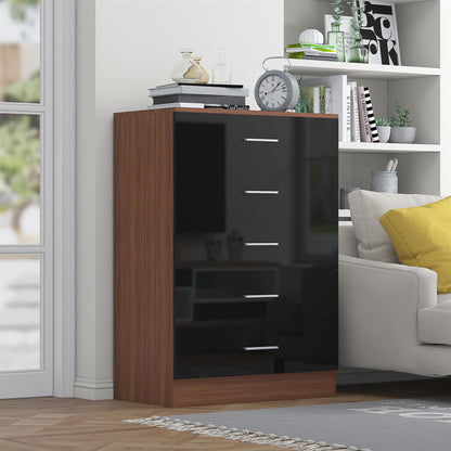 Reflect 5 Drawer Chest - Black Gloss & Walnut - Modern Vertical Bedroom Storage Unit