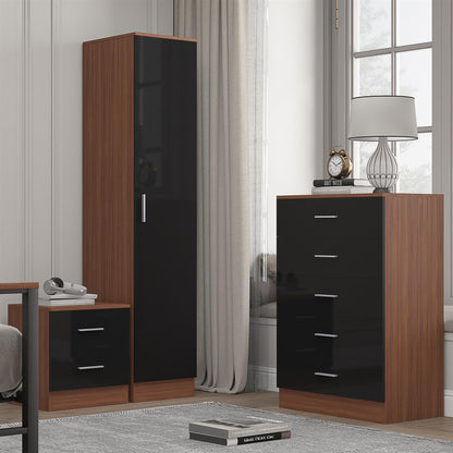 Reflect 1 Door Plain Wardrobe, 5 Drawer Chest, 2 Drawer Bedside - Black Gloss & Walnut - Bedroom Furniture Set