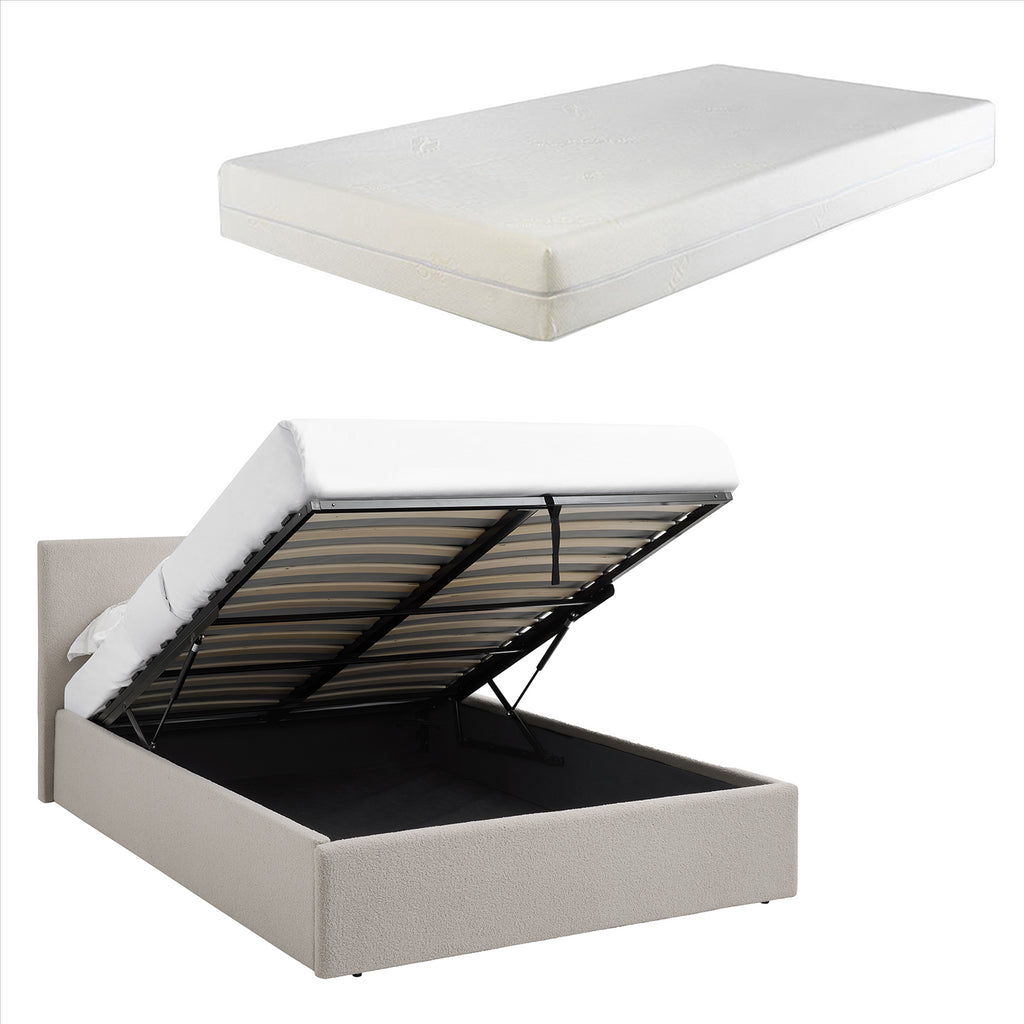 TEDDY BOUCLE 5FT King Beige Ottoman Storage Bed Gas Lift Up with 15cm Memory Foam Mattress