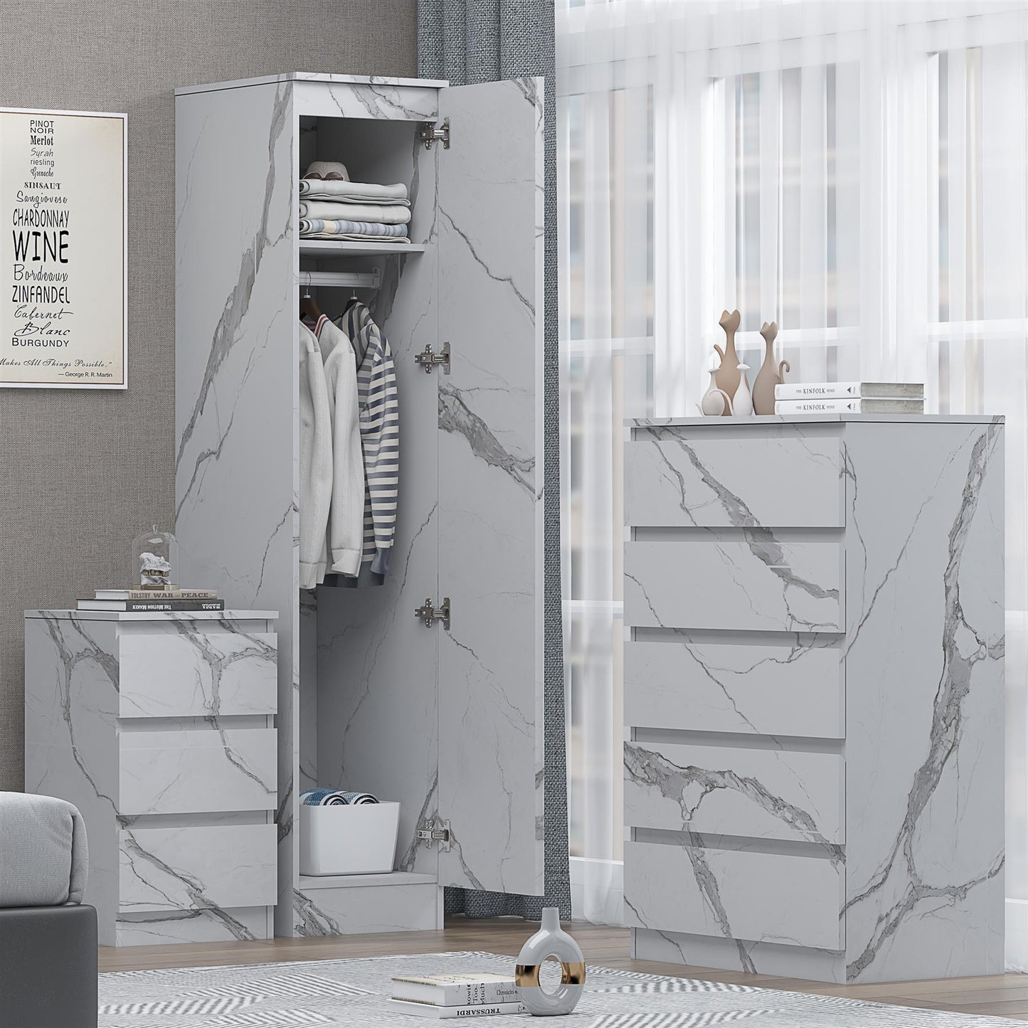 ZITA 3pc Set - 1 Door Wardrobe + Tall Chest + Bedside in White OR Grey Marble