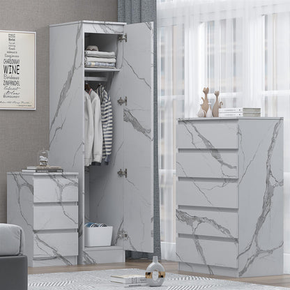 ZITA 3pc Set - 1 Door Wardrobe + Tall Chest + Bedside in White OR Grey Marble