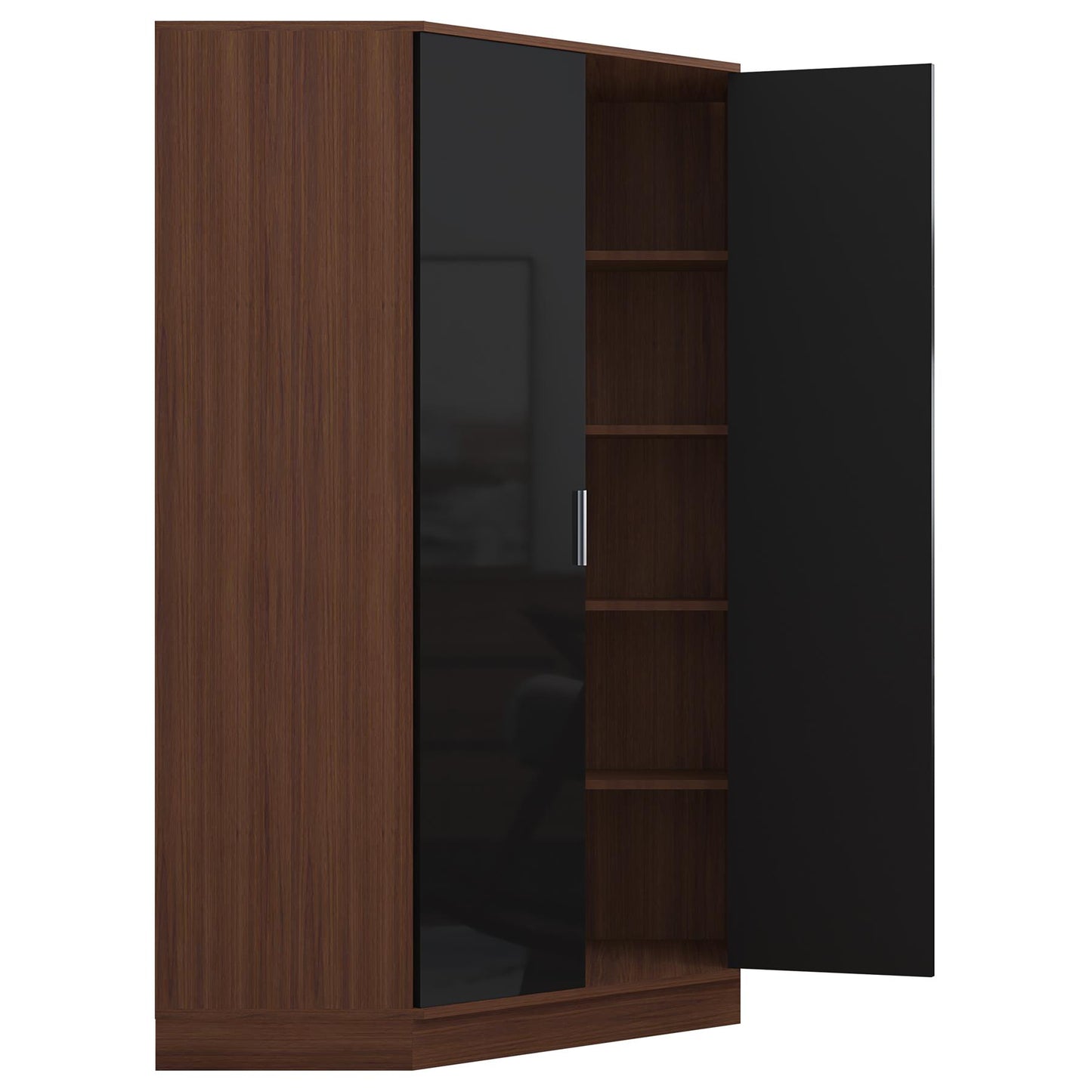 Reflect 2 Door Corner Wardrobe - Black Gloss & Walnut - 2 Hanging Rails & 8 Shelves - Modern Design