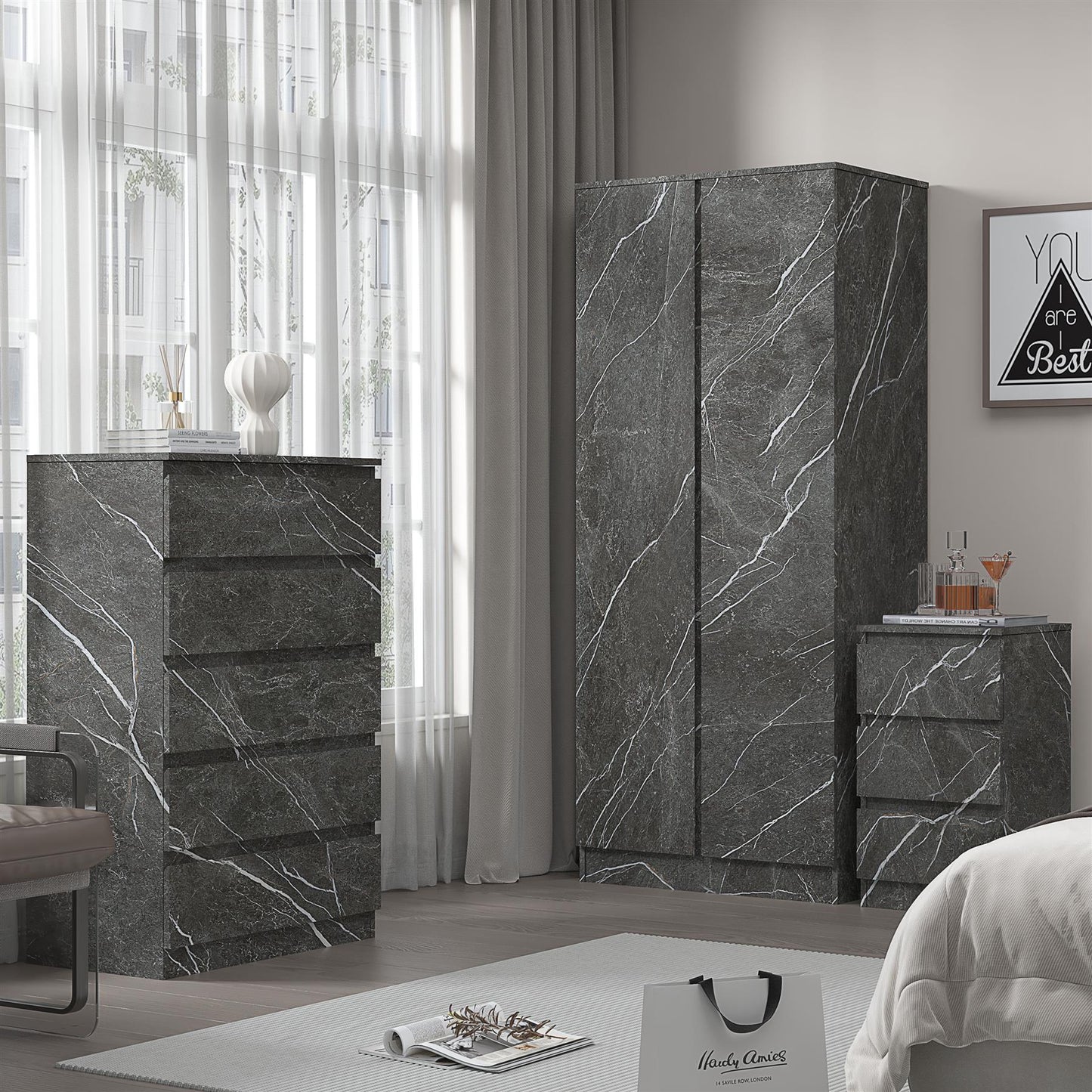 ZITA 3/4pc Bedroom Furniture Sets Wardrobe Chest Bedside - White OR Grey Marble