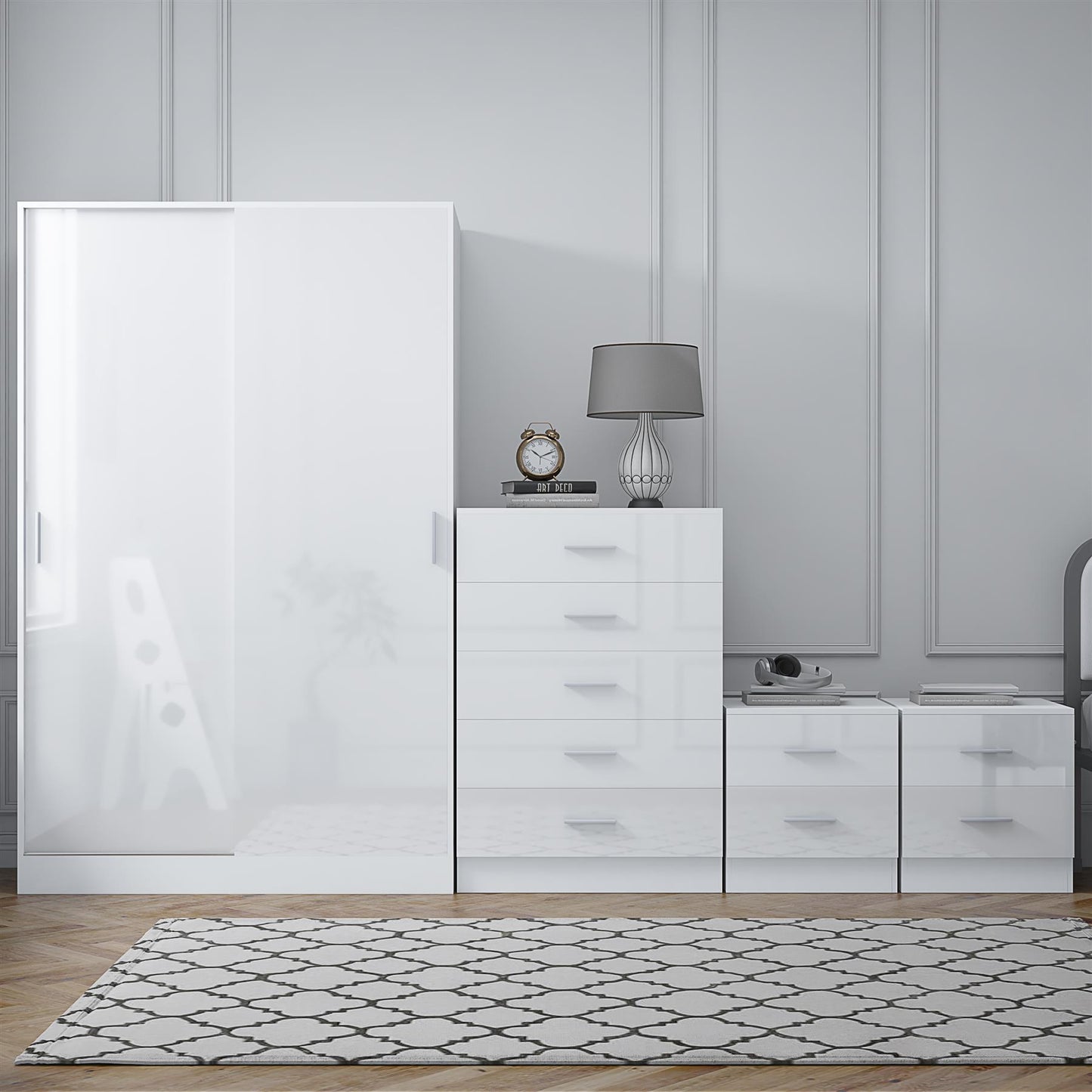 REFLECT Gloss 4pc Set - 2 Door Sliding Wardrobe + 5 Draw Chest + 2 Bedsides