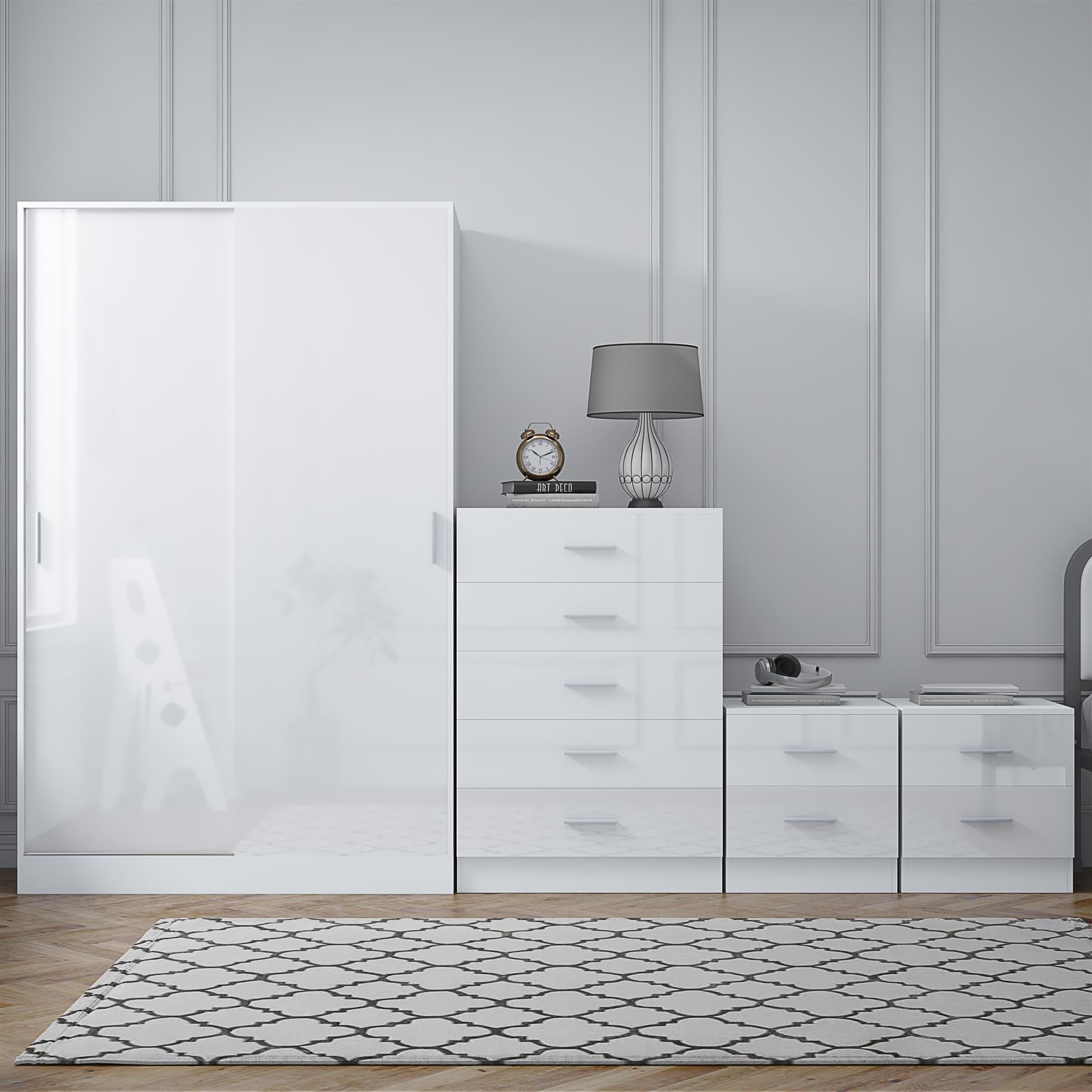 Reflect 2 Door Sliding Wardrobe, 5 Drawer Chest, 2x 2 Drawer Bedsides - White Gloss & Matt White - Modern Bedroom Furniture Set