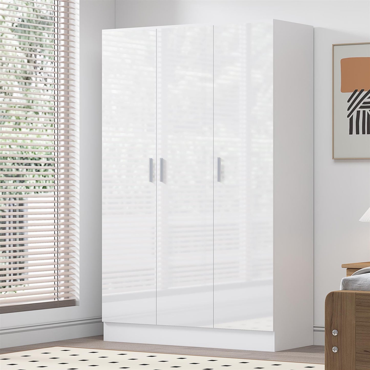 Reflect 3 Door Plain Wardrobe - White Gloss & Matt White - Hanging Rail & 4 Shelves - Modern Design