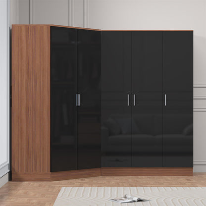 Reflect 2pc Wardrobe Bundle - 2 Door Corner + 3 Door Plain - Black Gloss & Walnut