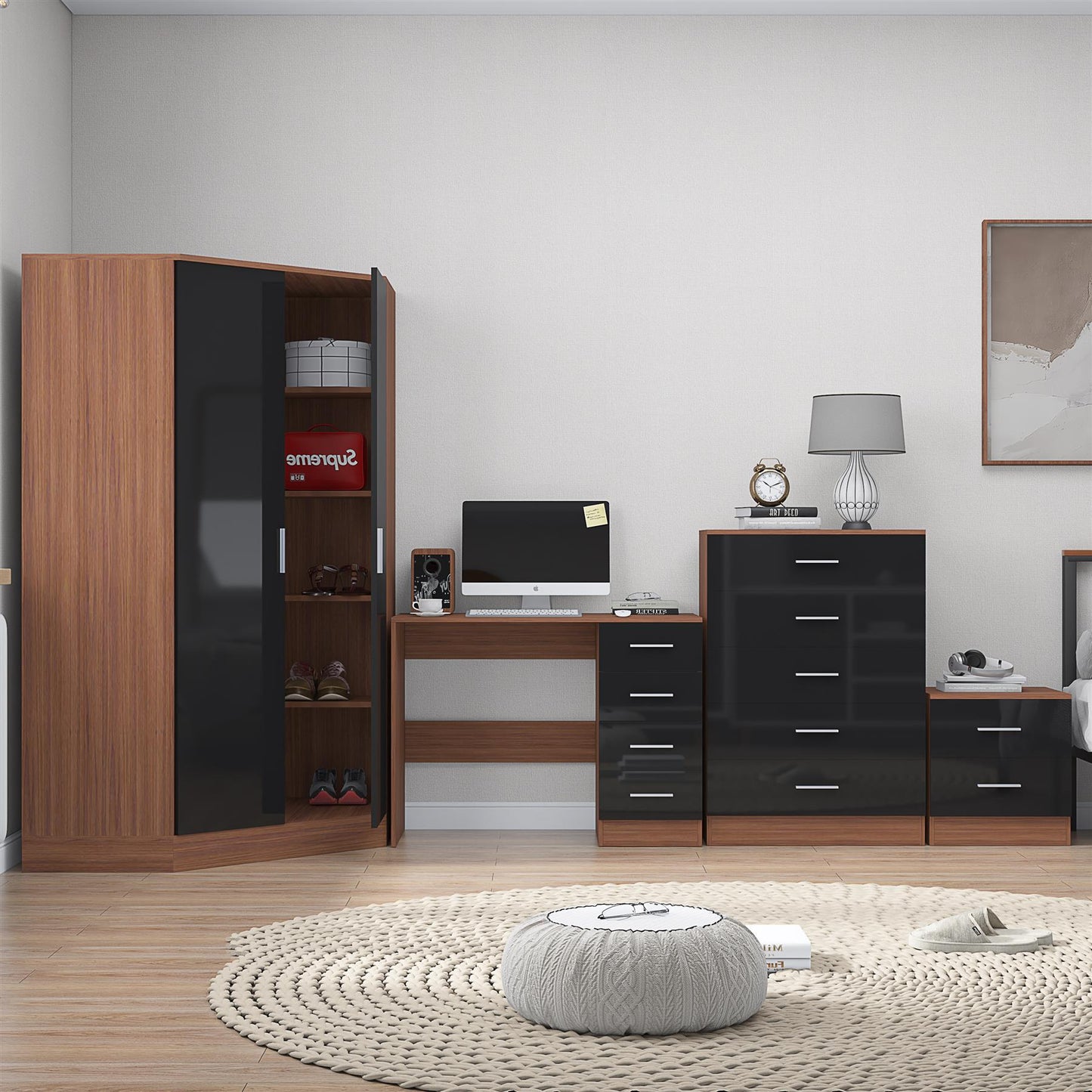 REFLECT Gloss 4pc Set - 2 Door Corner Wardrobe + 5 Draw Chest + Bedside + Desk