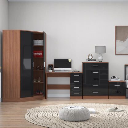 Reflect 2 Door Corner Wardrobe, 5 Drawer Chest, 2 Drawer Bedside & Desk - Black Gloss & Walnut - Bedroom Furniture Set