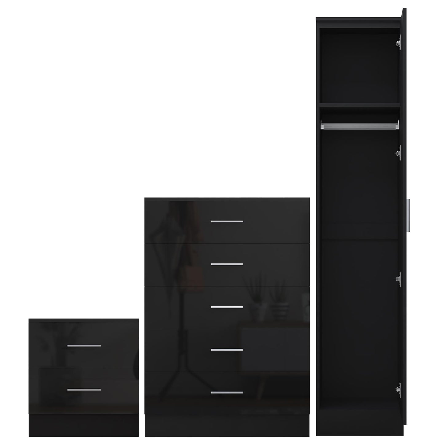 REFLECT Gloss 3pc Bedroom Set - 1 Door Wardrobe + 5 Draw Chest + Bedside