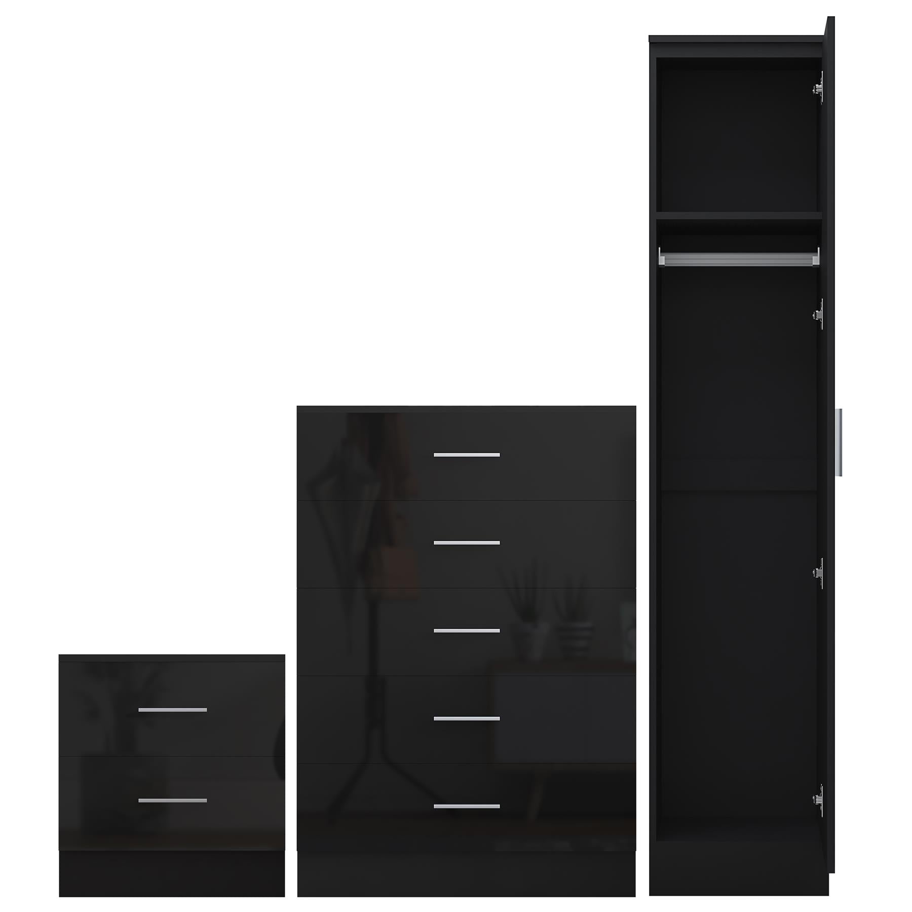 Reflect 1 Door Plain Wardrobe, 5 Drawer Chest, 2 Drawer Bedside - Black Gloss & Black Oak - Bedroom Furniture Set