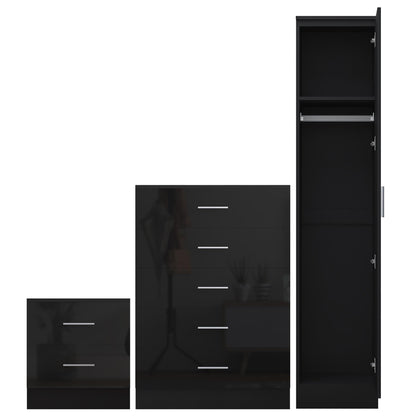Reflect 1 Door Plain Wardrobe, 5 Drawer Chest, 2 Drawer Bedside - Black Gloss & Black Oak - Bedroom Furniture Set