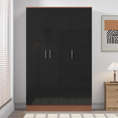 Reflect 3 Door Plain Wardrobe - Black Gloss & Walnut -Hanging Rail & 4 Shelves  - Modern Design