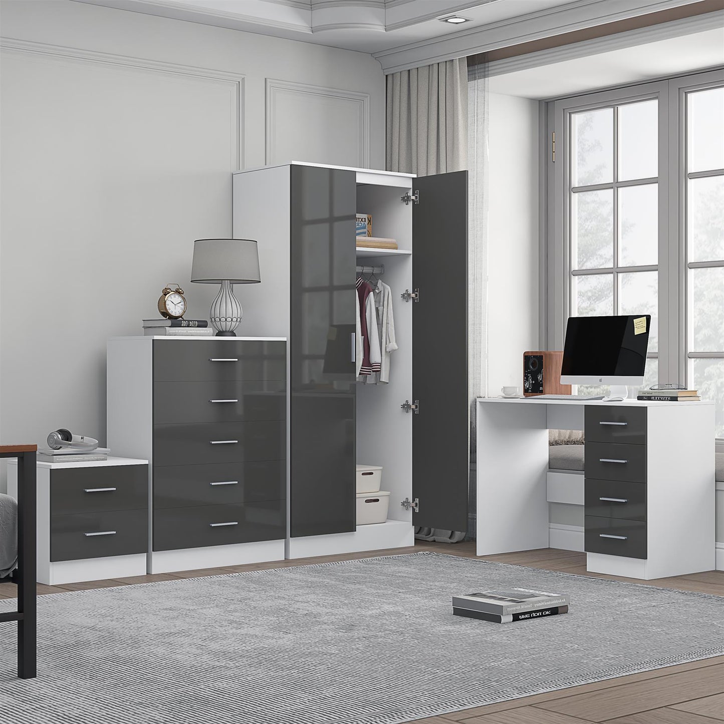 Reflect 2 Door Mirror Wardrobe, 5 Drawer Chest, 2 Drawer Bedside & Desk - Grey Gloss & Matt White - Modern Bedroom Furniture Set