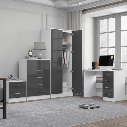 Reflect 2 Door Mirror Wardrobe, 5 Drawer Chest, 2 Drawer Bedside & Desk - Grey Gloss & Matt White - Modern Bedroom Furniture Set