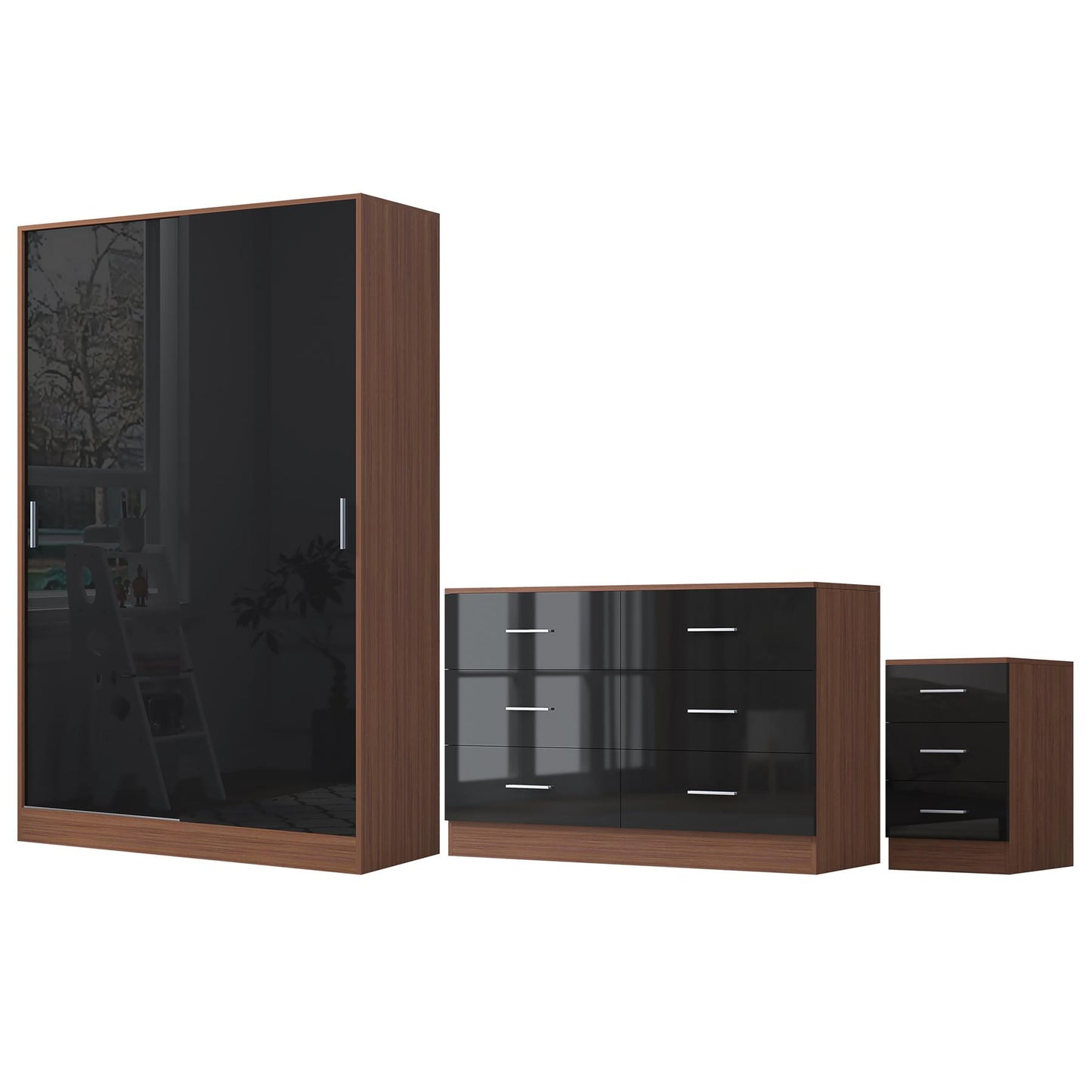 Reflect 2 Door Sliding Wardrobe, 6 Drawer Wide Chest, 3 Drawer Bedside - Black Gloss & Walnut - Modern Bedroom Furniture Set