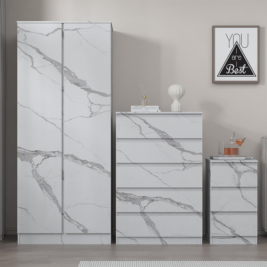 ZITA White Marble Effect 3 Piece Set - 2 Door Wardrobe, 5 Drawer Chest & 3 Drawer Bedside, Stylish Bedroom Storage