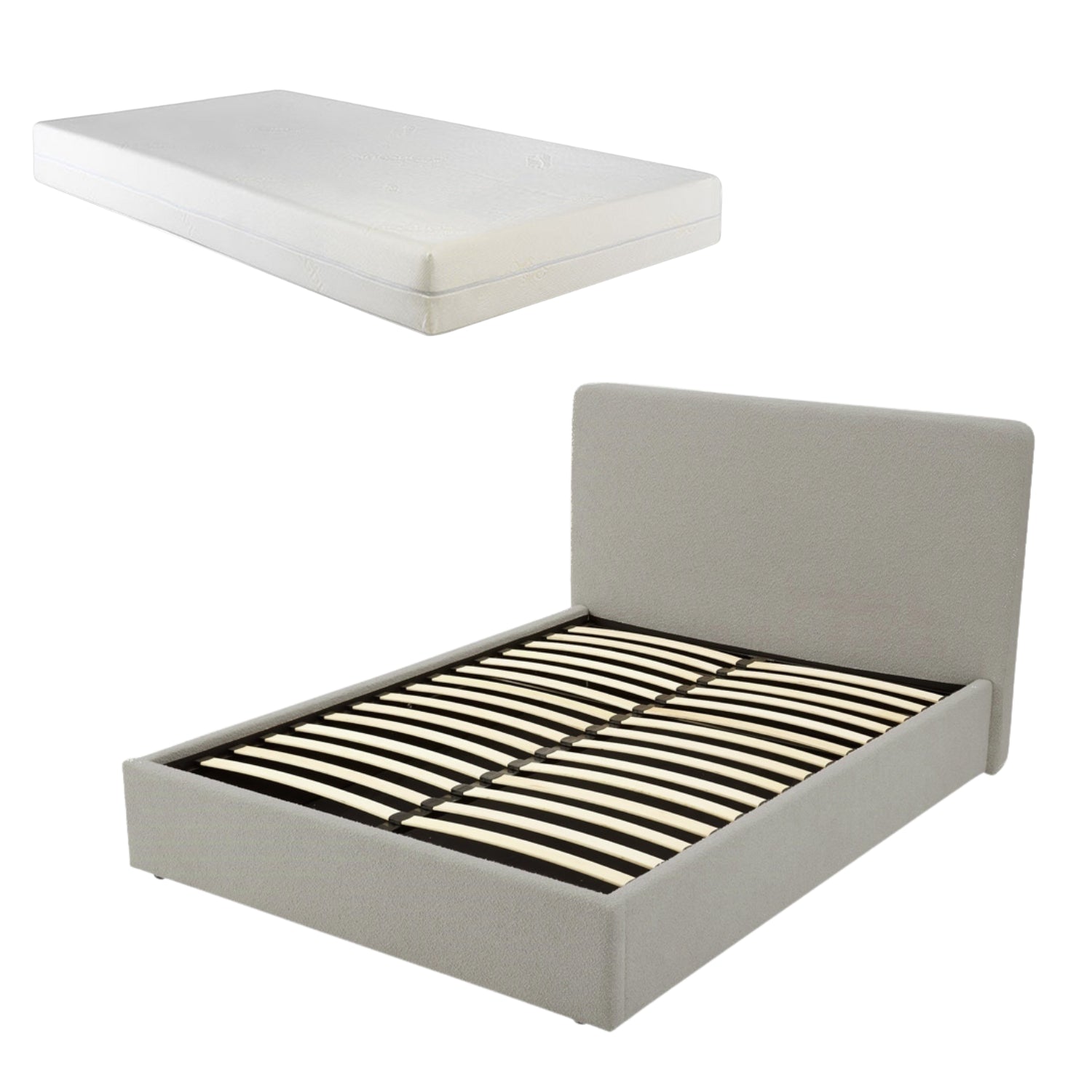TEDDY BOUCLE 5FT King Grey Ottoman Storage Bed Gas Lift Up - (L) 220cm x (W) 170cm (H) 113cm with 20cm Memory Foam Mattress