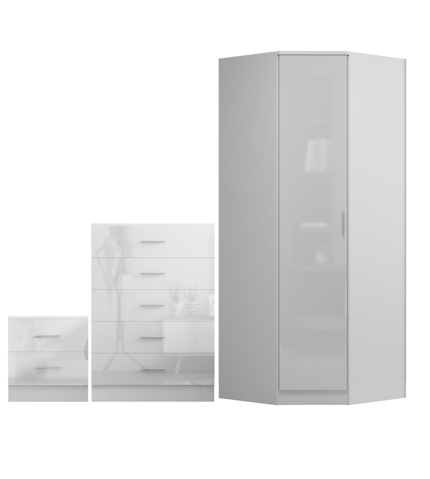 REFLECT - 1 Door Corner + 5 Drawer Chest + 2 Drawer Bedside in Gloss White / Matt White