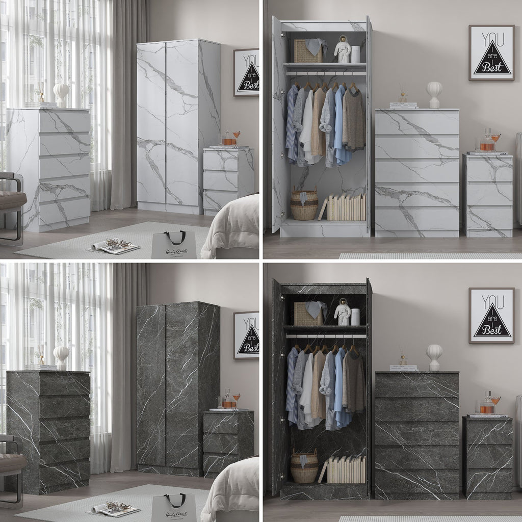 ZITA 3pc Set - 2 Door Wardrobe + Tall Chest + Bedside in White OR Grey Marble