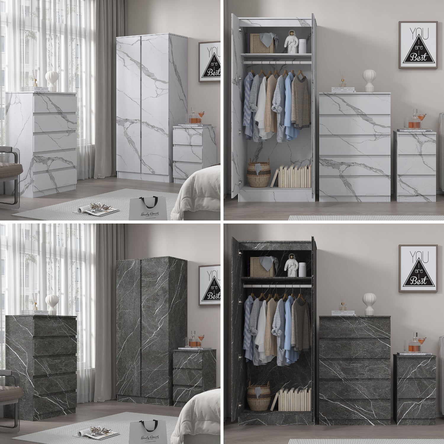 ZITA 3pc Set - 2 Door Wardrobe + Tall Chest + Bedside in White OR Grey Marble