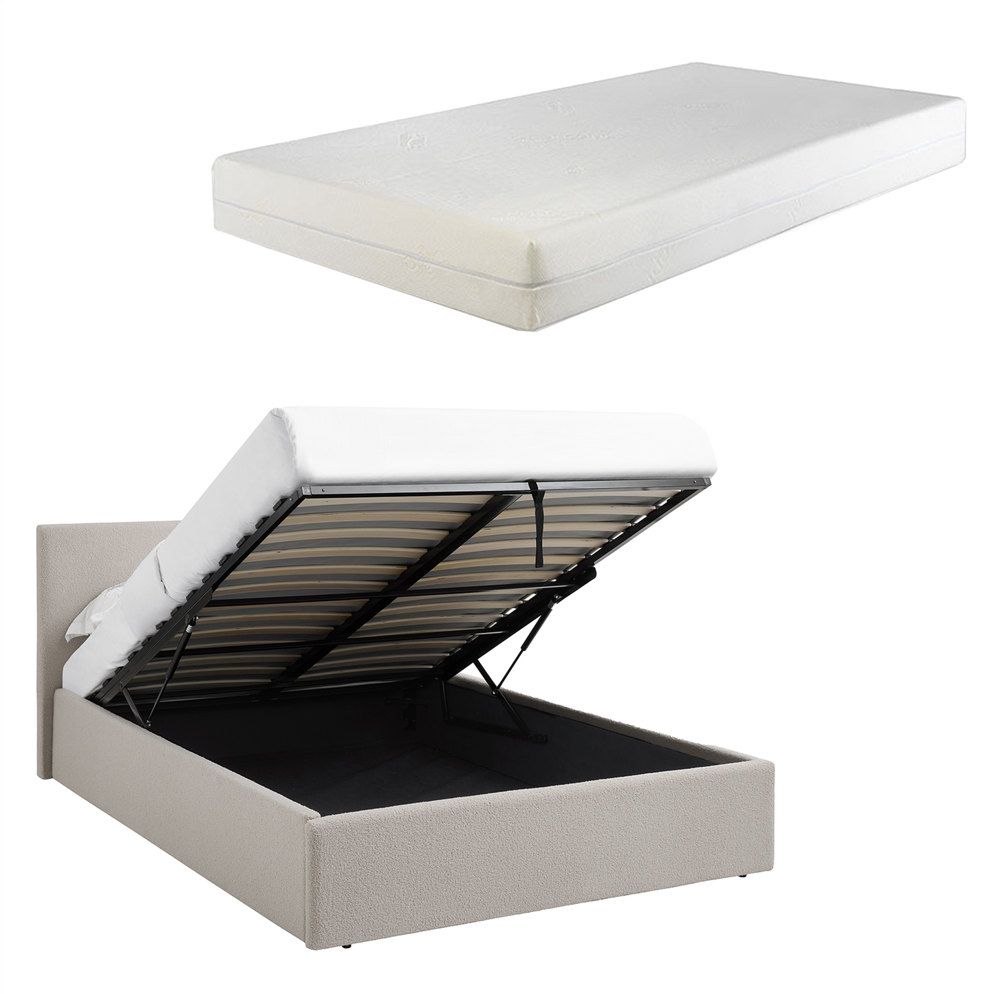 TEDDY Boucle Gas Lift Ottoman Storage Bed in Beige with 4 Size + Mattress Option
