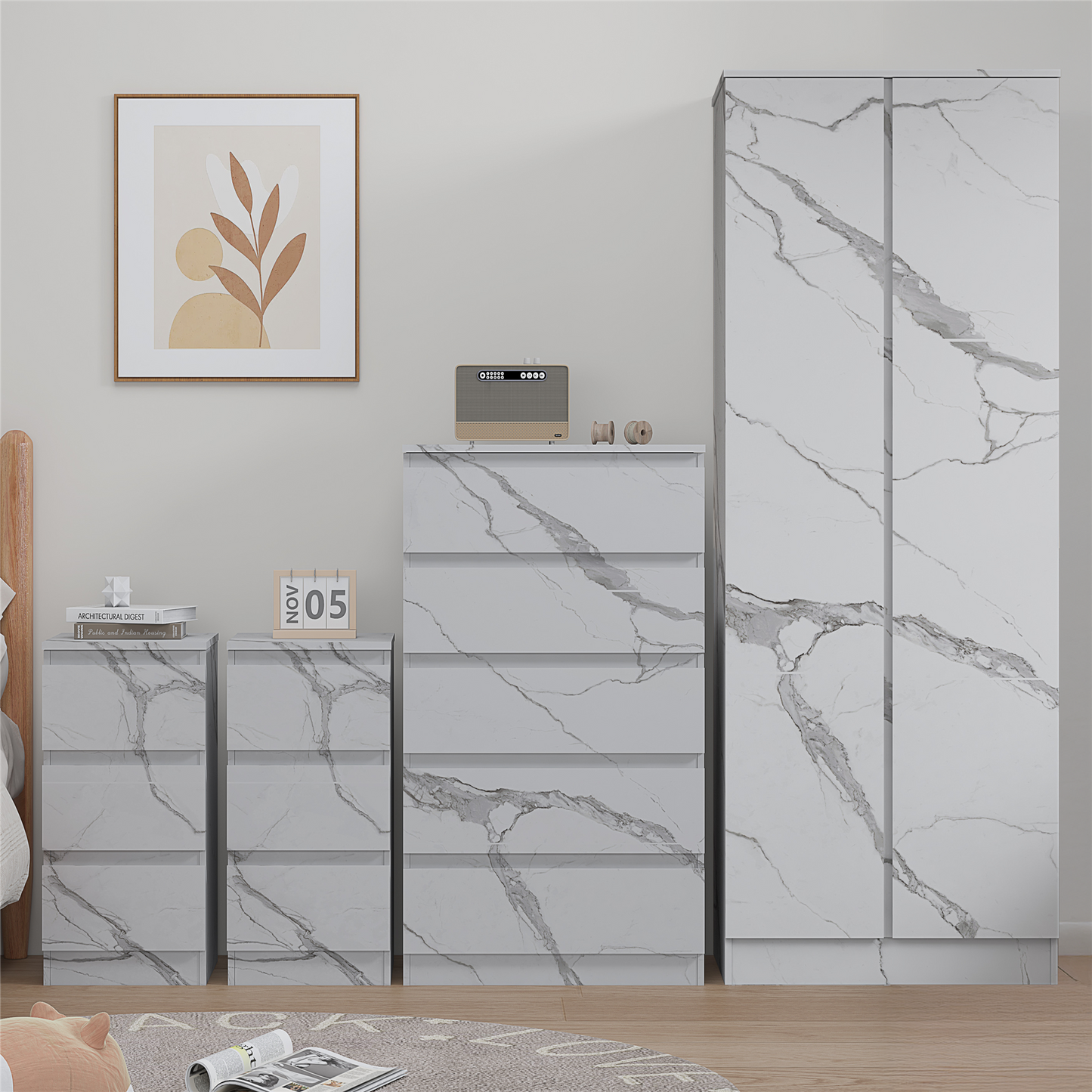 ZITA White Marble Effect 4 Piece Bedroom Set - 2 Door Wardrobe, Tall Chest & 2 Bedside Tables, Stylish Storage Solution