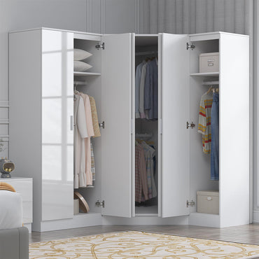 Reflect 3pc Wardrobe Bundle - 2 Door Corner + 2 Door Mirror + 1 Door Plain - White Gloss & Matt White