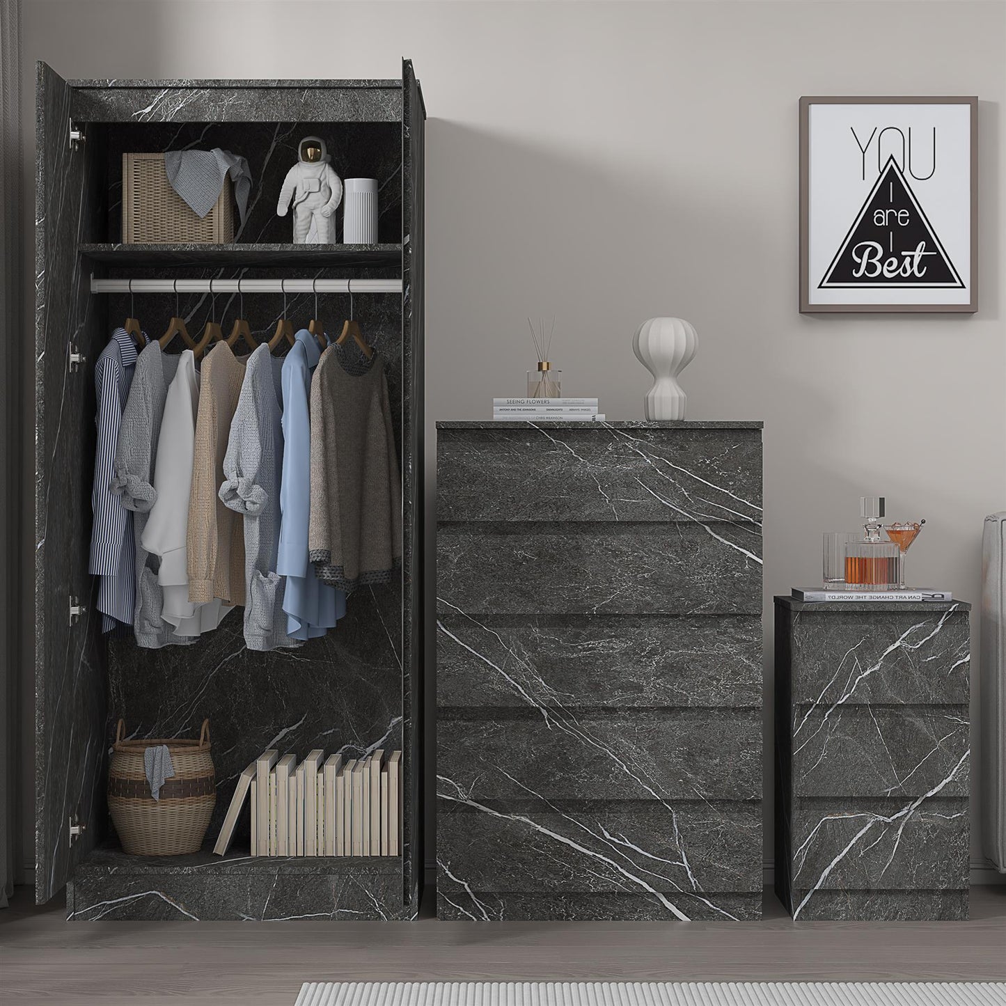 ZITA Grey Marble Effect 3 Piece Set - 2 Door Wardrobe, 5 Drawer Chest & 3 Drawer Bedside, Stylish Bedroom Storage