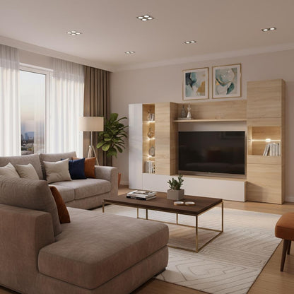 Modern Oak & White TV Unit with Glass Details and LED Lights- Media Storage for Living Rooms