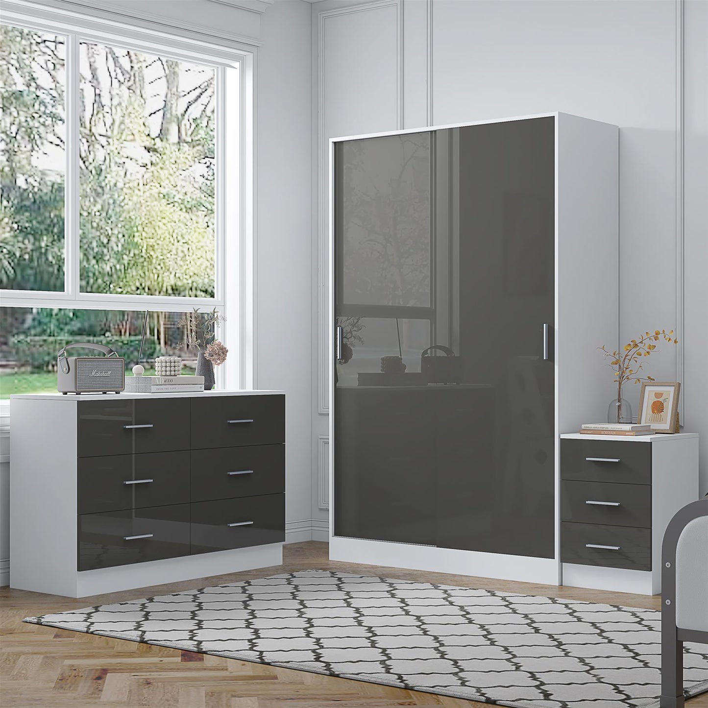 REFLECT Gloss 3pc Set - 2 Door Sliding Wardrobe + Wide Chest + Tall Bedside