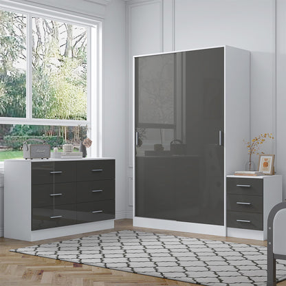 Reflect 2 Door Sliding Wardrobe, 6 Drawer Wide Chest, 3 Drawer Bedside - Grey Gloss & Matt White - Modern Bedroom Furniture Set
