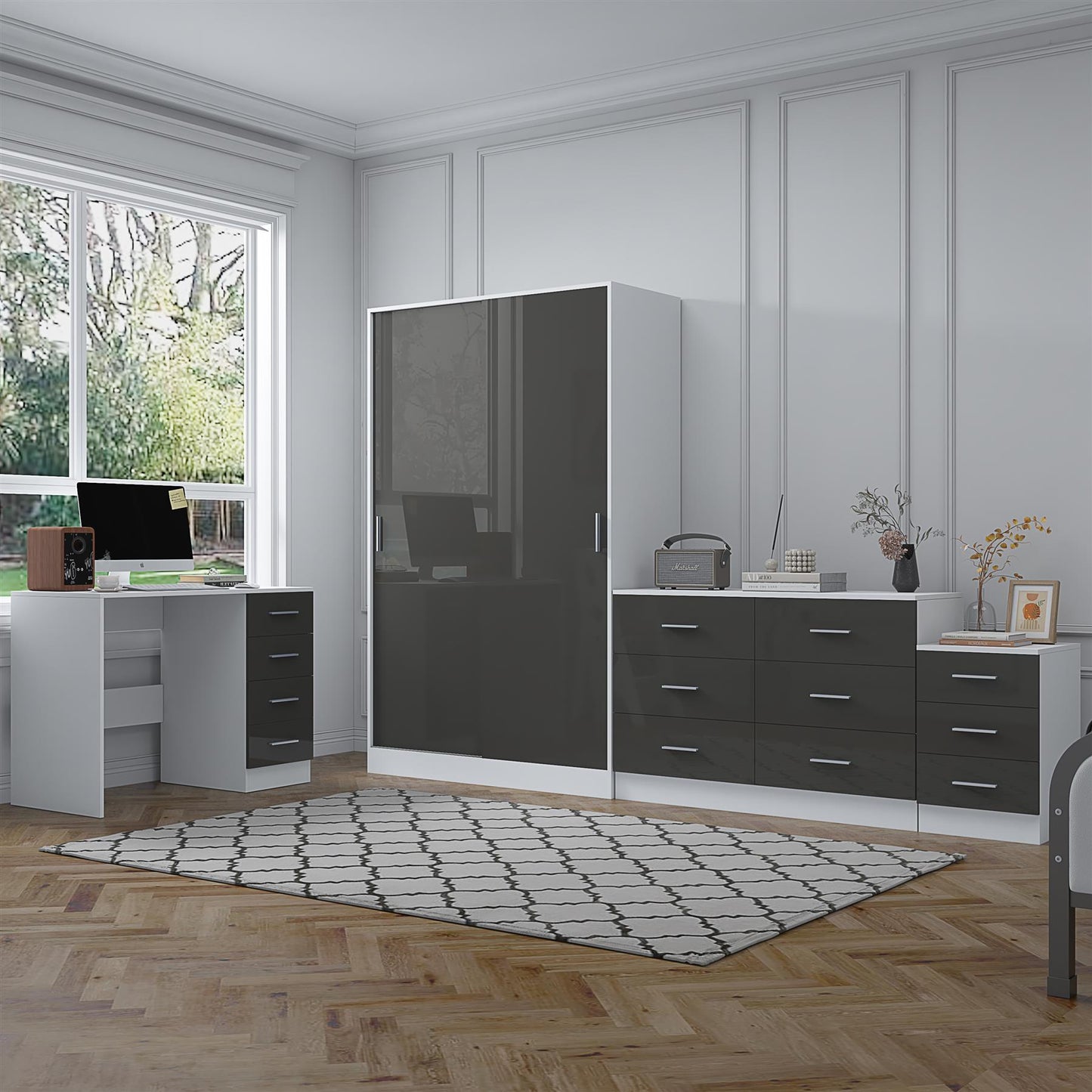 Reflect 2 Door Sliding Wardrobe, 6 Drawer Wide Chest, 3 Drawer Bedside, 4 Drawer Desk - Grey Gloss & Matt White - Modern Bedroom Furniture Set