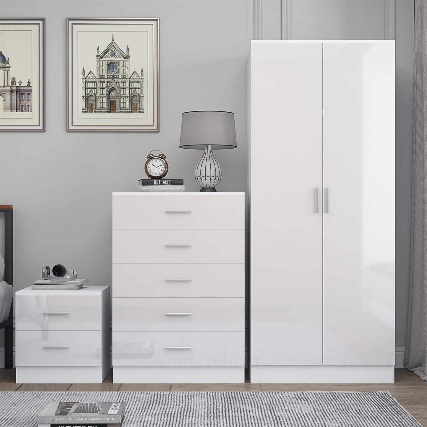 Reflect 2 Door Plain Wardrobe, 5 Drawer Chest, 2 Drawer Bedside - White Gloss & Matt White - Modern Bedroom Furniture Set