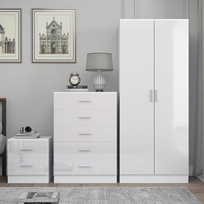 Reflect 2 Door Plain Wardrobe, 5 Drawer Chest, 2 Drawer Bedside - White Gloss & Matt White - Modern Bedroom Furniture Set
