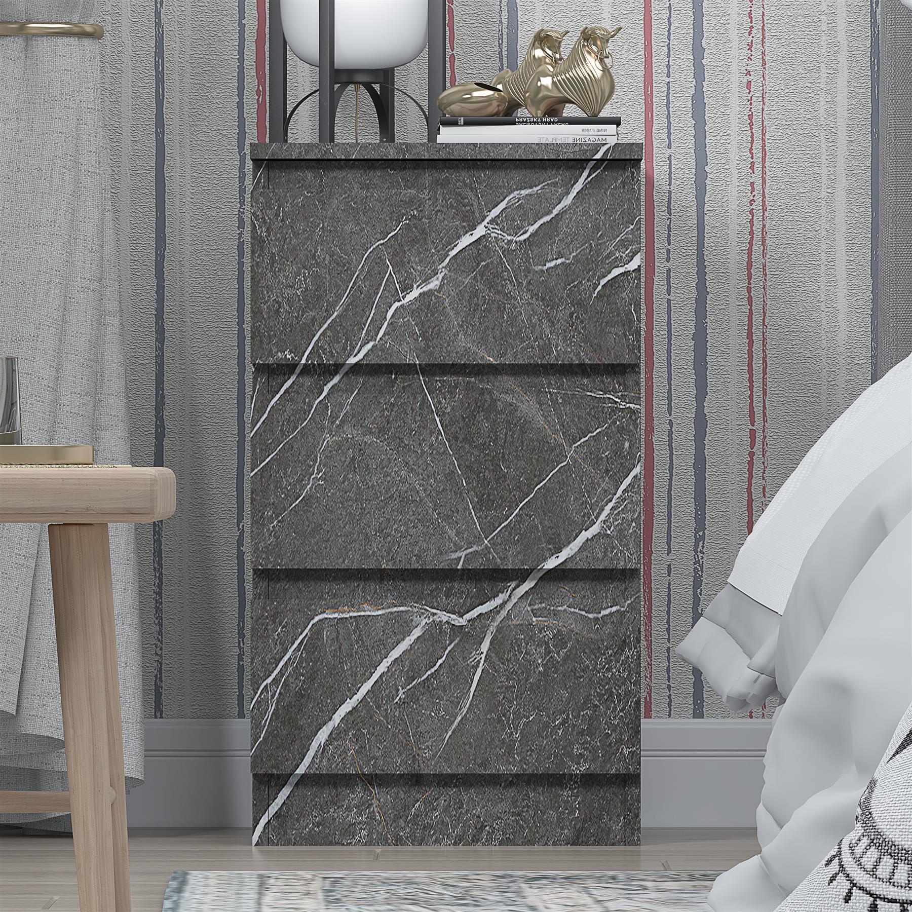 ZITA Grey Marble Effect 3 Drawer Bedside Table - Modern Nightstand, Stylish Bedroom Furniture