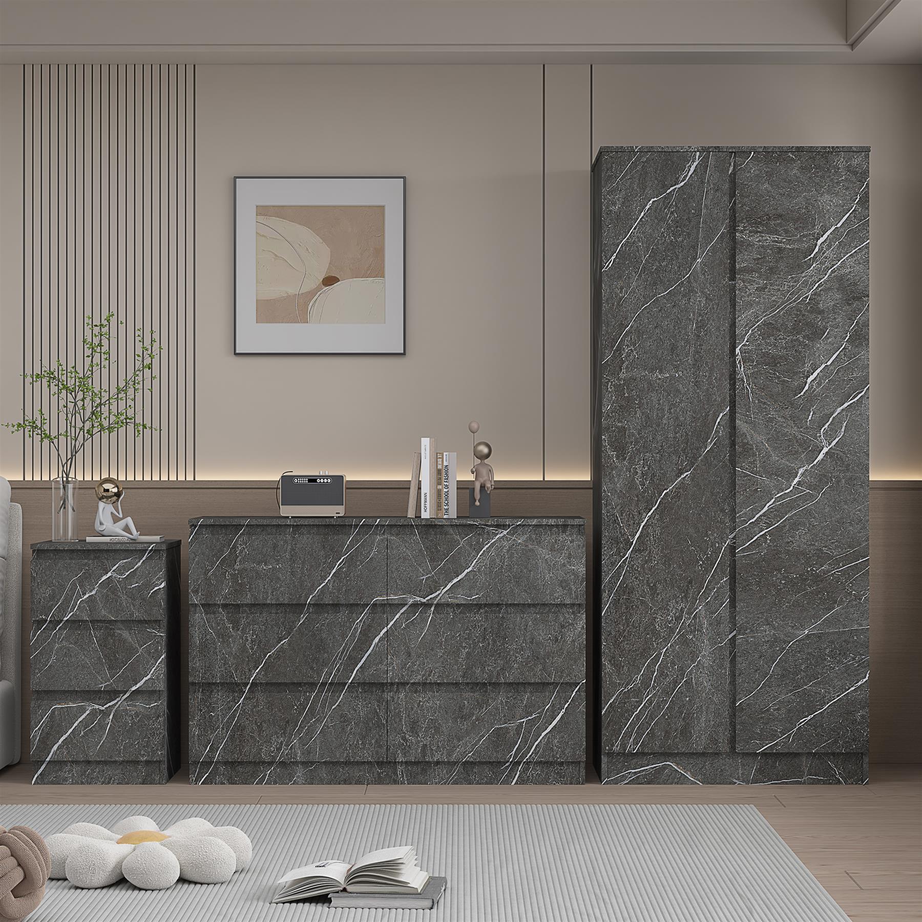 ZITA Grey Marble Effect 3 Piece Bedroom Set - 2 Door Wardrobe, 6 Drawer Chest & 3 Drawer Bedside, Stylish Bedroom Storage
